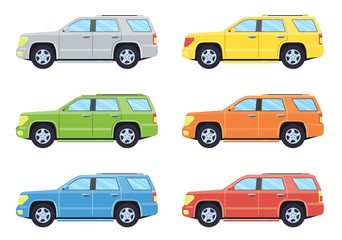 Fototapeta na wymiar Off-road 4x4 suv car. Side view offroad car in different colors. Flat style. Vector illustration. 