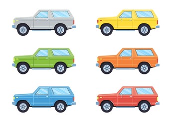 Off-road 4x4 suv car. Side view offroad car in different colors. Flat style. Vector illustration. 