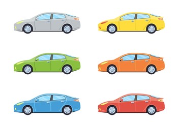 Sedan personal car. Side view cars in different colors. Flat style. Vector illustration.