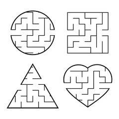 A set of easy mazes. Circle, square, triangle, heart. Game for kids. Puzzle for children. One entrances, one exit. Labyrinth conundrum. Flat vector illustration isolated on white background.