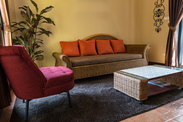 Wood table and sofa in the living at home