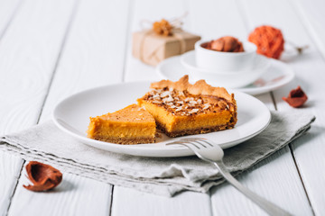 A slice of pumpkin pie. Christmas decoration