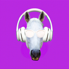 Contemporary art collage. Music concept. White horse DJ. Minimal