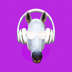 Contemporary art collage. Music concept. White horse DJ. Minimal © Porechenskaya
