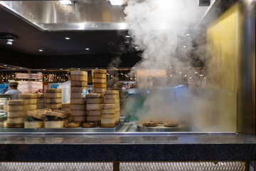 Dumpling shop, food background.