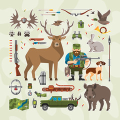 Vector hunting set with flat hunter, animal and elements with dog, deer, boar, hare, duck, weapon, pickup, vacuum flask equipment and ammunition.