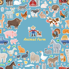 Vector color happy animal farm seamless background with farmer and farming pet.