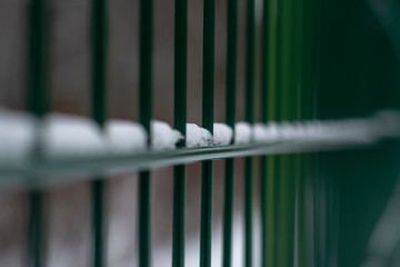 Frozen steel fence with hoarfrost