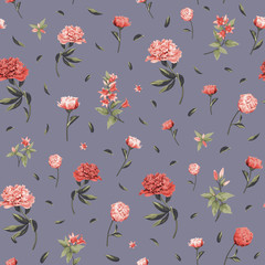 Seamless floral pattern with red and pink Peony and Campanula on grey background.