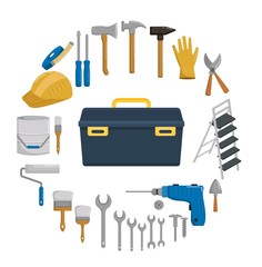 Home renovation of building toolbox repair vector cartoon illustration