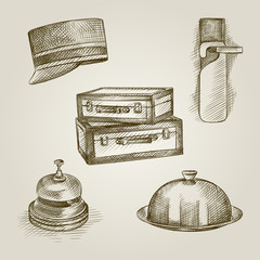 Hand Drawn Hotel service elements Sketches Set. Collection Of suitcases, dish with a lid, Bellboy hat, door hanger and Service bell sketches on old paper background. Hotel elements in vintage style.