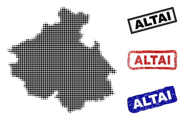 Obraz premium Halftone dot vector abstract Altai Republic map and isolated black, red, blue rubber-style stamp seals. Altai Republic map tag inside draft rectangle frames and with retro rubber texture.