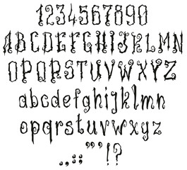 Handrawn curly black and white font. Gothic style. Vector alphabet, numbers and symbols. Isolated on white background.
