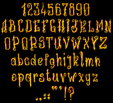 Handrawn curly yellow fire font. Gothic style. Vector alphabet, numbers and symbols. Isolated on black background.
