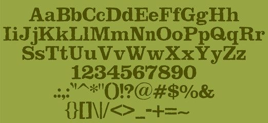 Handrawn green font. Retro vintage style. Vector alphabet, numbers and symbols.