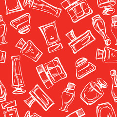 Seamless pattern of sketches of perfume bottles