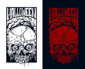 Detailed graphic realistic halloween red and white human skull without lower jaw, with pieces of dead skin and eyes. Vector icon set.