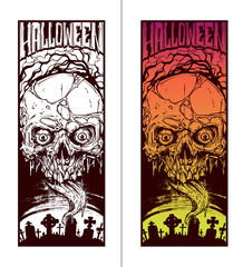 Detailed graphic realistic halloween colorful and white human skull with spooky tongue, and pieces of dead skin. On cemetery background. Vector icon set.
