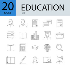 Education line icons, 20 different icons. Concept of learning, education. Vector illustration.