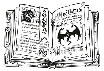 Cartoon black and white old open magic spell book with dragons, strange symbols and bookmark. Isolated on white background. Vector icon.