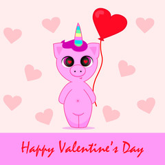 Cute pig unicorn with big balloon heart. Happy Valentine`s Day vector flat illustration greeting card. Eps 10 