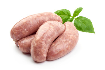 Pork Sausages with basil leaf, close-up, isolated on a white background