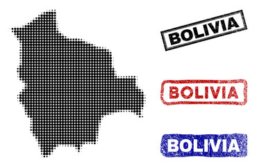 Fototapeta na wymiar Halftone vector dot abstracted Bolivia map and isolated black, red, blue rubber-style stamp seals. Bolivia map label inside rough rectangle frames and with unclean rubber texture.
