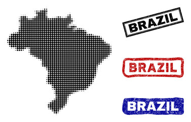 Obraz premium Halftone vector dot abstracted Brazil map and isolated black, red, blue rubber-style stamp seals. Brazil map tag inside rough rectangle frames and with distress rubber texture.
