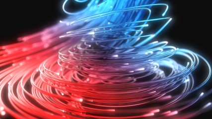 blue and red fiber optic strings in dark. 3d illustration