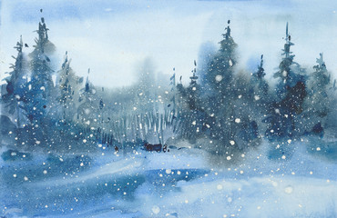 watercolor winter  landscape