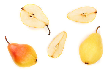 ripe red yellow pear fruits isolated on white background. Top view. Flat lay pattern