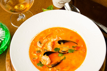 Thai soup with mussels and shrimp