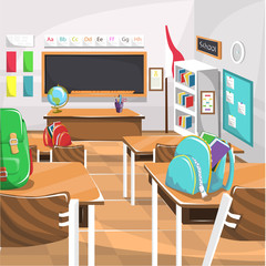 Clean High School Classroom with Chalk Green Board, brown Study Table Chair, globe, and large windows for Cartoon Vector Illustration Interior