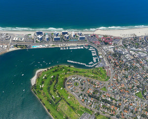 Aerial view of Mission Bay and Mission Beach in San Diego