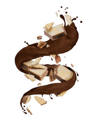 Broken waffles with chocolate splashes in a twisted shape on white background