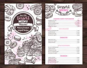 Hand drawn vector template of menu with desserts, sweets and bakery products. Design with monochrome sketch cake, cupcake, donuts, macaroons, muffins, waffle, croissant for café