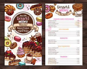 Hand drawn vector template of menu with desserts, sweets and bakery products. Design with sketch cake, cupcake, donuts, macaroons, muffins, waffle, croissant for café