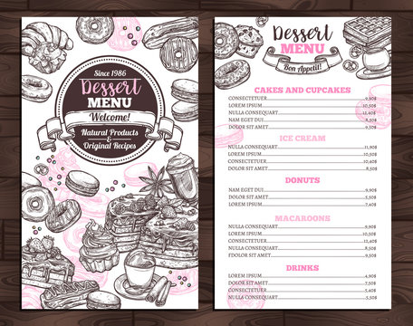 Hand drawn vector template of menu with desserts, sweets and bakery products. Design with monochrome sketch cake, cupcake, donuts, macaroons, muffins, waffle, croissant for café