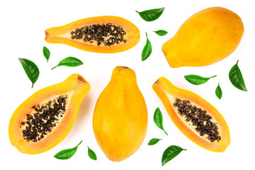 ripe papaya and half isolated on a white background. Top view. Flat lay