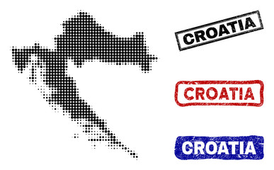 Halftone vector dot abstract Croatia map and isolated black, red, blue rubber-style stamp seals. Croatia map label inside rough rectangle frames and with retro rubber texture.