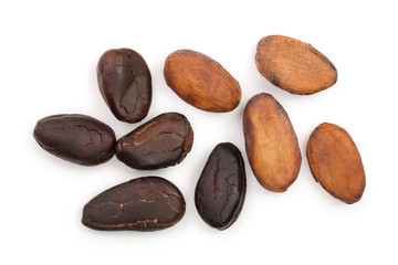 Obraz premium peeled and unpeeled cocoa beans isolated on white background close-up top view