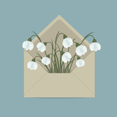 Snowdrops in the mail envelope. Spring flowers. Floral composition. Vector illustration on a blue background