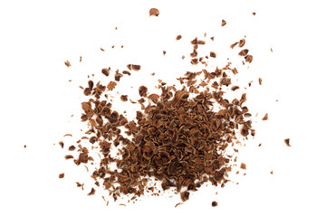 grated chocolate isolated on white background. Top view