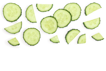 Cucumber slices isolated on white background with copy space for your text. Top view. Flat lay pattern. Set or collection