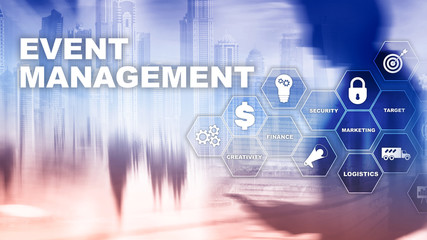  Event management Concept. Event management flowchart. Event management related items. Mixed media business.