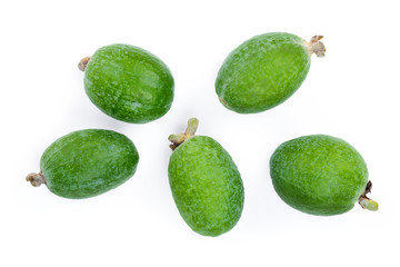 Tropical fruit feijoa Acca sellowiana isolated on white background. Top view. Flat lay pattern