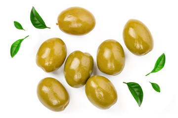 Green olives isolated on a white background. Top view. Flat lay