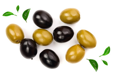 Green and black olives isolated on a white background. Top view. Flat lay