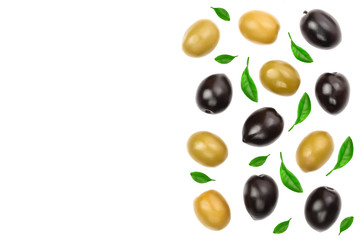 Green and black olives isolated on a white background with copy space for your text. Top view. Flat lay