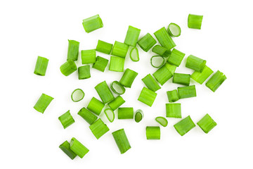 Obraz premium Chopped fresh green onions isolated on white background. Top view